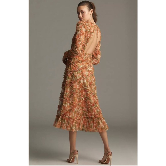 MAC DUGGAL Long Sleeve Orange V-Neck Textured Ruffled Tulle Midi Dress Size 6 - Picture 2 of 12